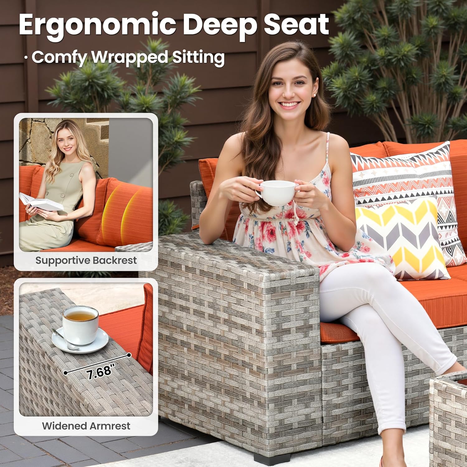 ovios 7 Pieces Patio Furniture Set, Outdoor Wicker Sectional Sofa with 30 Inch Fire Pit Table Comfy Cushions, Modern Modular Deep Seat Rattan Couch Conversation Set, Orange Red