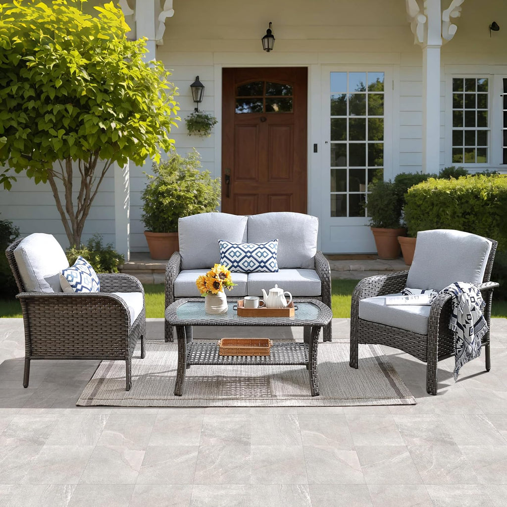 ovios 4 Pieces Patio Furniture Set, Outdoor Wicker Sofa with Coffee Table, Chairs, All Weather High Back Rattan Loveseat Couch with Comfy Cushions, Grey
