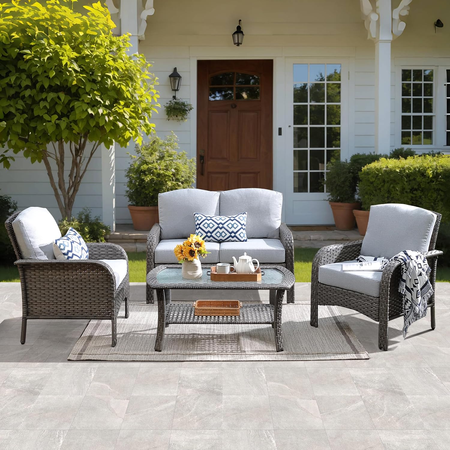 ovios 4 Pieces Patio Furniture Set, Outdoor Wicker Sofa with Coffee Table, Chairs, All Weather High Back Rattan Loveseat Couch with Comfy Cushions, Grey