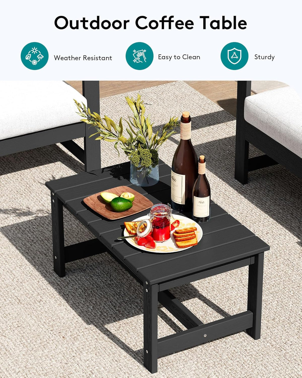 SERWALL 5 Pieces HDPE Outdoor Conversation Sofa Set with Cushions, All Weather Use Patio Couch Loveseat Furniture with Coffee Table, Black Frame with Khaki Cushions