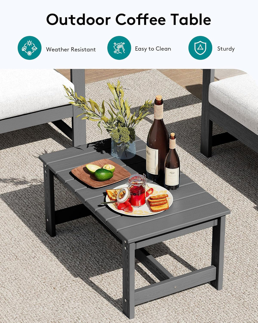 SERWALL 2 Pieces Single Cushioned Sofa Chair, Grey HDPE Outdoor Adirondack Lounge Armchair with Khaki Cushion