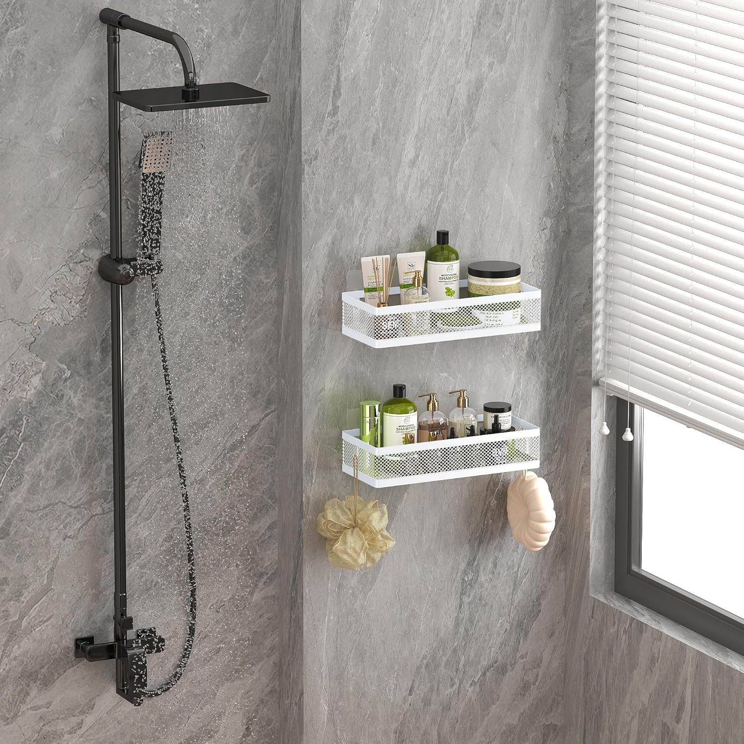 PUSDON Hanging Storage Baskets Organizer Wall Mount, Metal Wire Storage Bin Rack for Kitchen Bathroom Shower Spice Shelf Home Decor Essentials White-2 Packs (Netting)