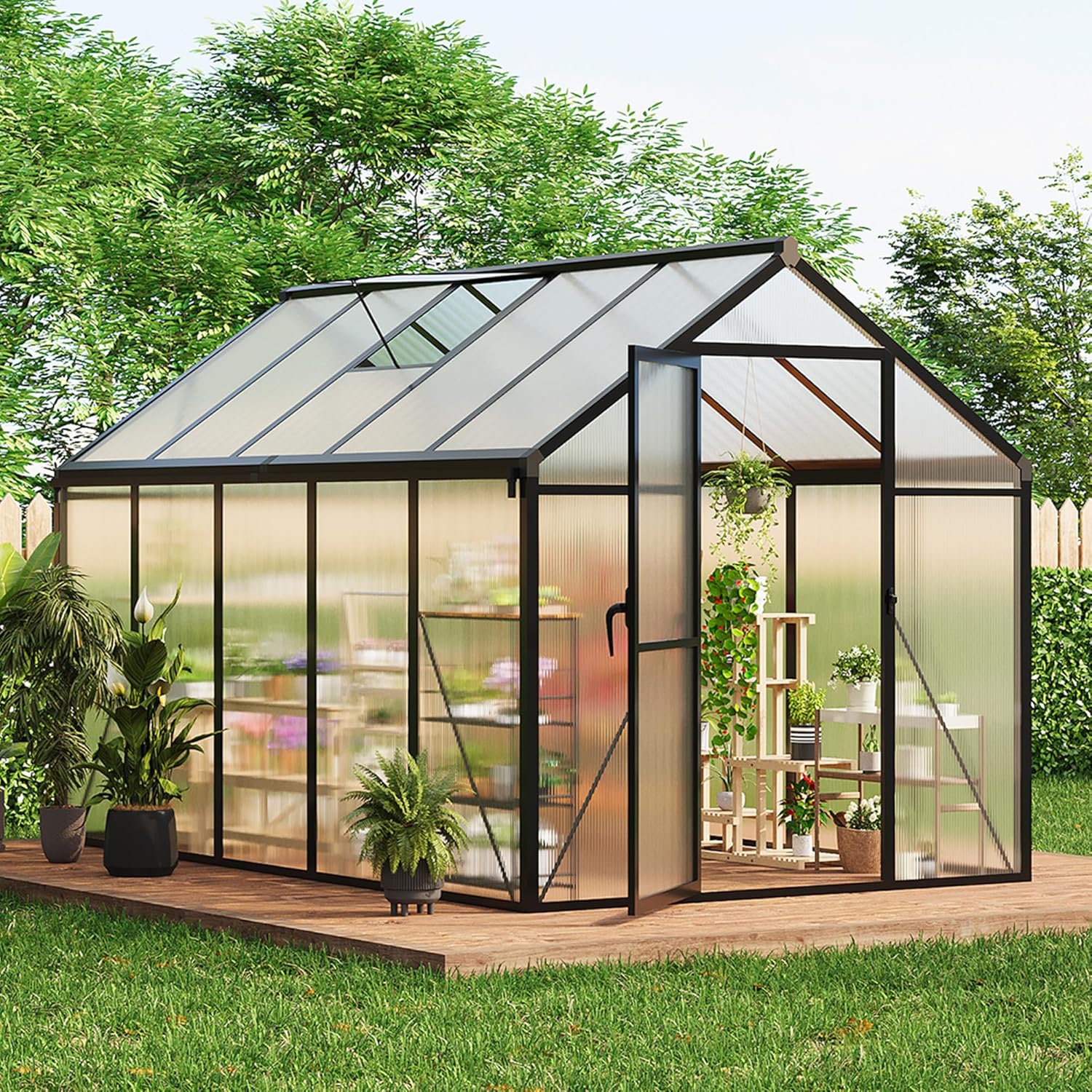 6x10 FT Greenhouse, Easy Assembly Aluminum Polycarbonate Greenhouses for Outdoors with Roof Vent and Ground Nails, Heavy Duty Aluminum Walk-in Greenhouse for Backyard, Sliding Lockable Door, Black