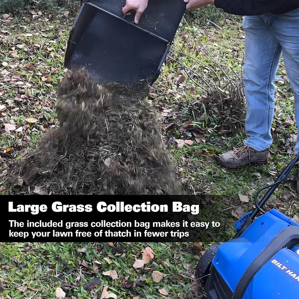BILT HARD 16 Inch Dethatcher Scarifier Electric Powered, 15 Amp Copper Motor, 5-Position Depth Adjustment, 14.5 gal Thatch Bag, 2 in 1 Walk Behind Thatch Removing Machine for Lawn