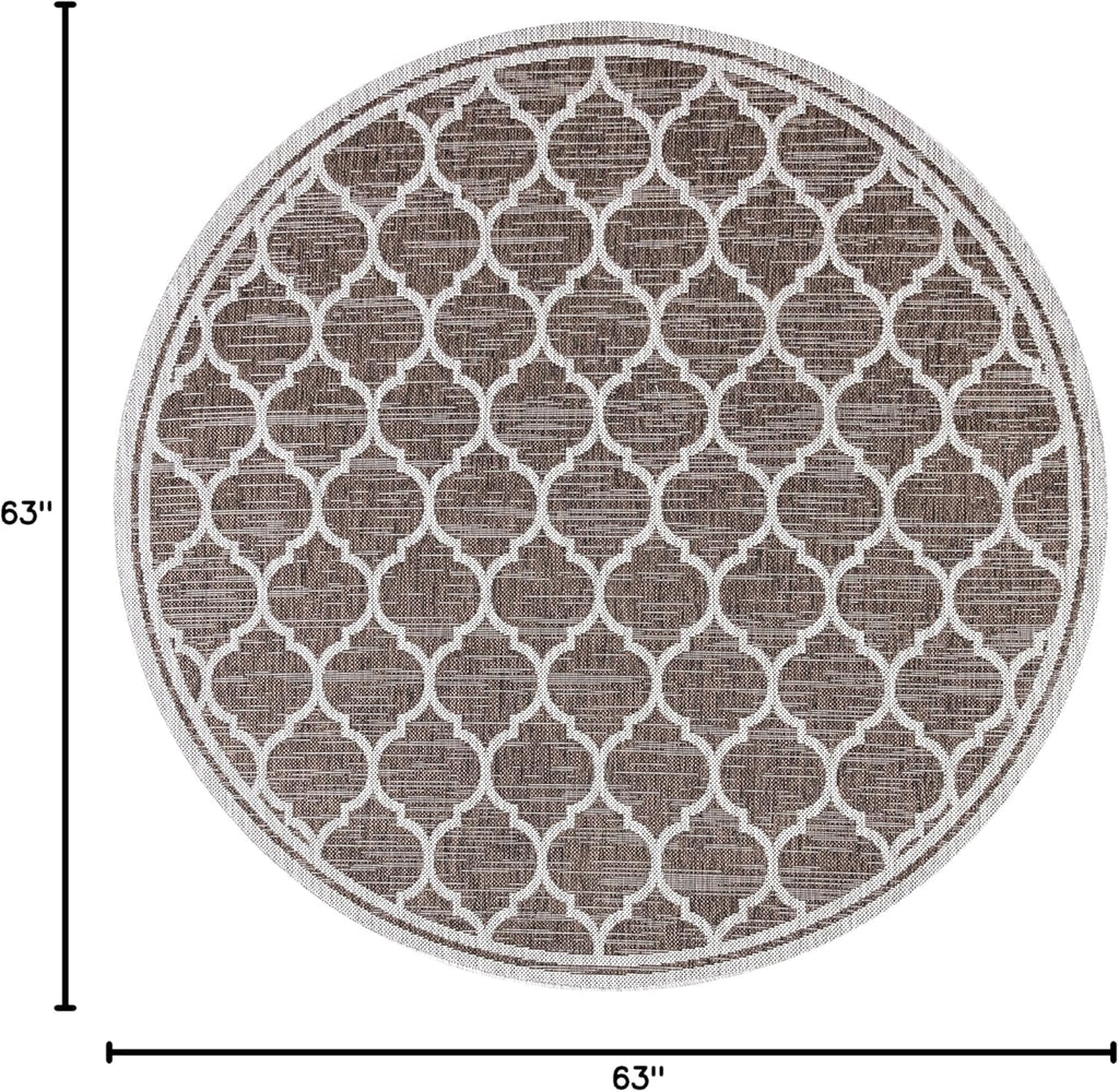 Eyely BMS109B-5R Santa Monica Trebol Moroccan Trellis Textured Weave Indoor/Outdoor Area Rug Coastal;Bohemian, Bedroom, Backyard, Patio, Easy-Cleaning, Non-Shedding, 5' Round, Espresso/Taupe