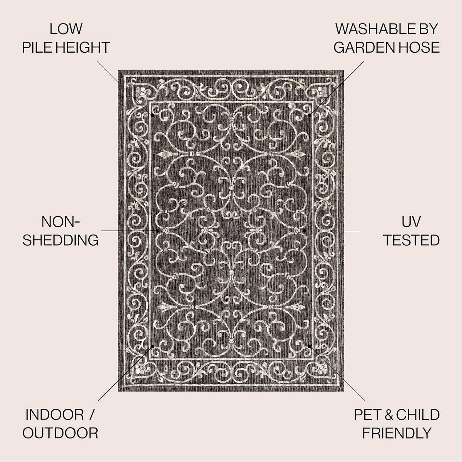 JONATHAN Y SMB106G-6R Charleston Vintage Filigree Textured Weave Black/Gray 6' Round Indoor/Outdoor Area Rug, Pet Friendly, Non-Shedding, Stain Resistant, Easy-Cleaning for Backyard, Patio, Porch