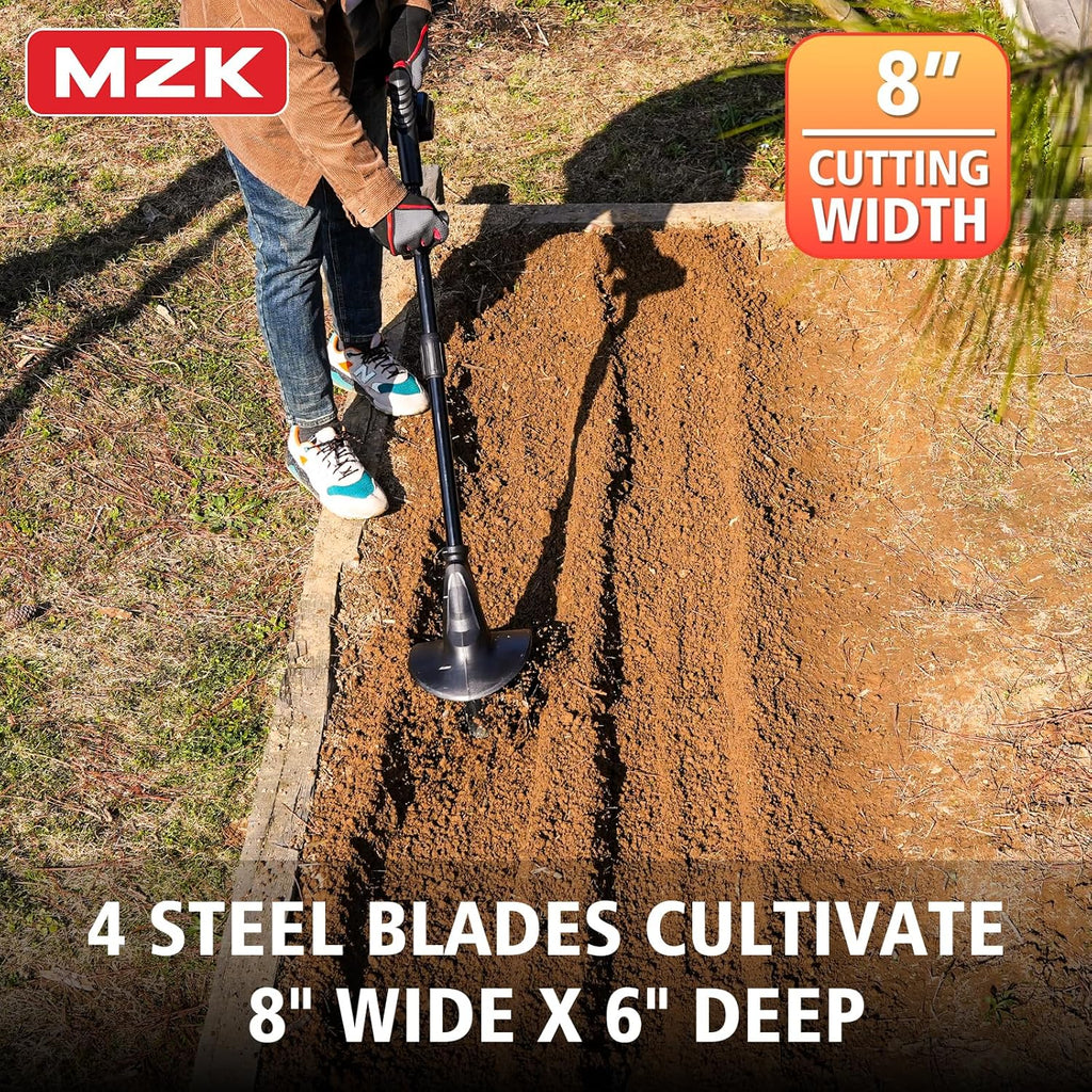MZK 20V Cordless Tiller Cultivator with Steel Tines,8-inch Wide Battery Powered Garden Cultivator, 360RPM Electric Tiller for Lawn/Gardening/Soil Cultivation(2AH Battery&Charger Included),TC08D01