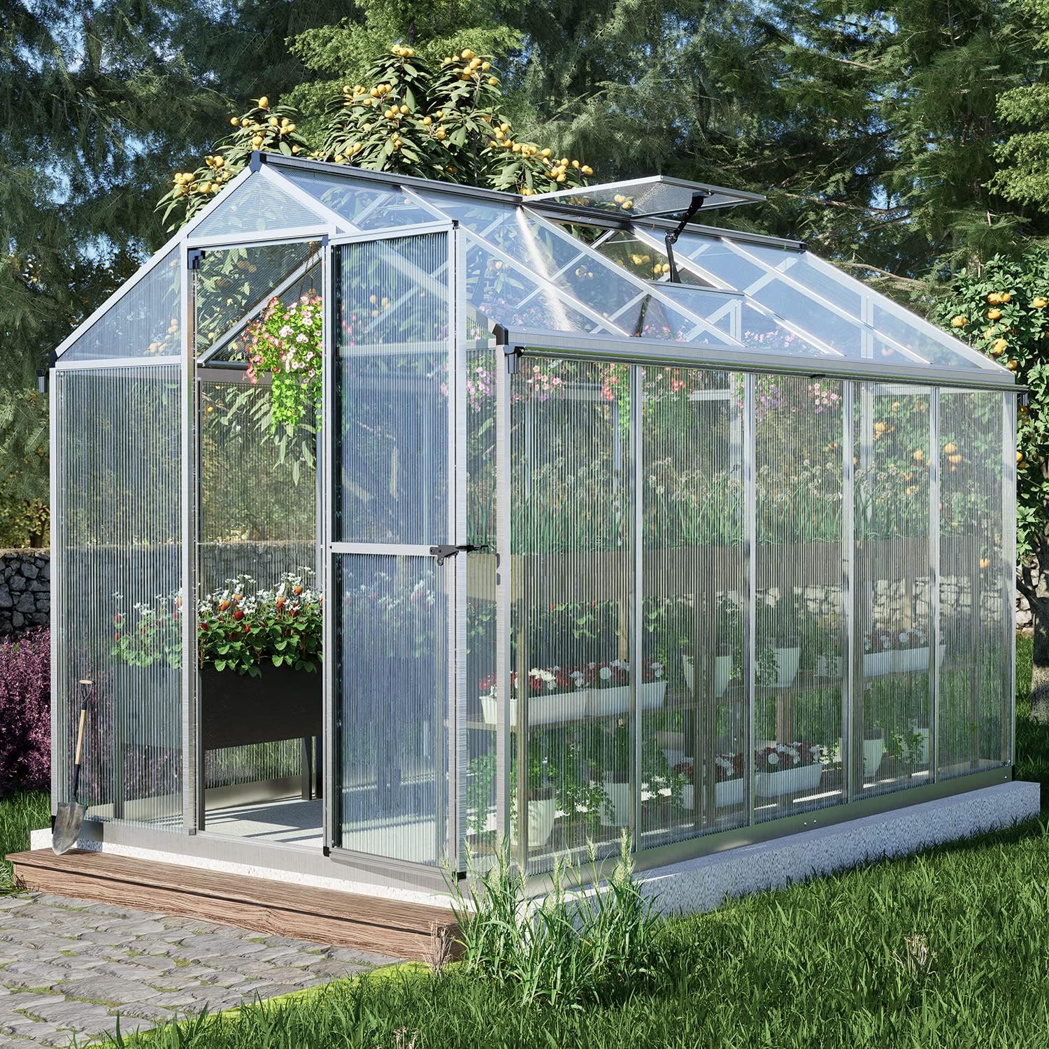 BPS 6x10 FT Walk-in Polycarbonate Greenhouse with Heavy-Duty Aluminum Frame, Vent Windows, and Lockable Door for Outdoor, Patio, Backyard, and Garden