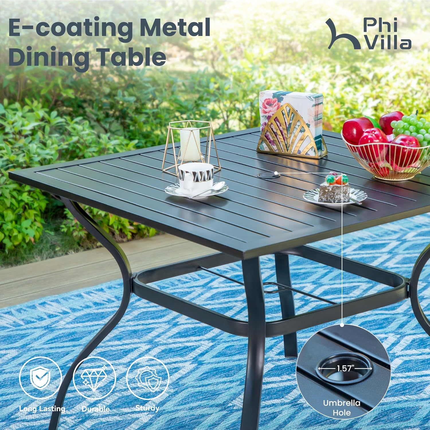 PHI VILLA Patio Dining Set with Umbrella for 4, Outdoor Table & Chairs Set with 4 Padded Swivel Patio Dining Chairs, 1 Metal Dining Table and 10ft Orange Red Large Patio Umbrella (No Umbrella Base)