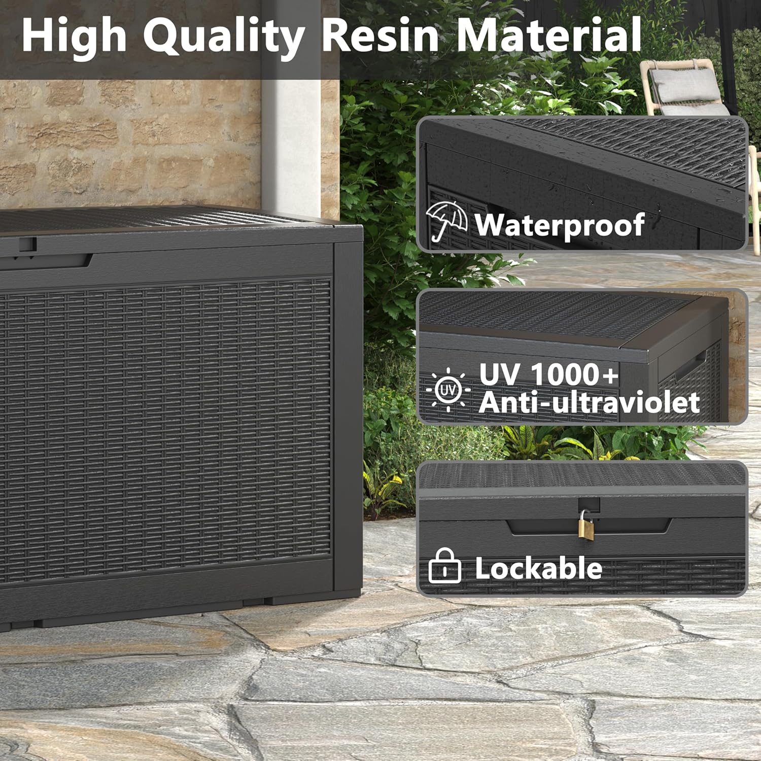 KAMABOKO 101 Gallon Waterproof Large Resin Deck Box, Lockable Large Outdoor Storage Boxes Indoor Outdoor Storage Container for Patio Cushions, Gardening Tools, Pool Supplies, Black