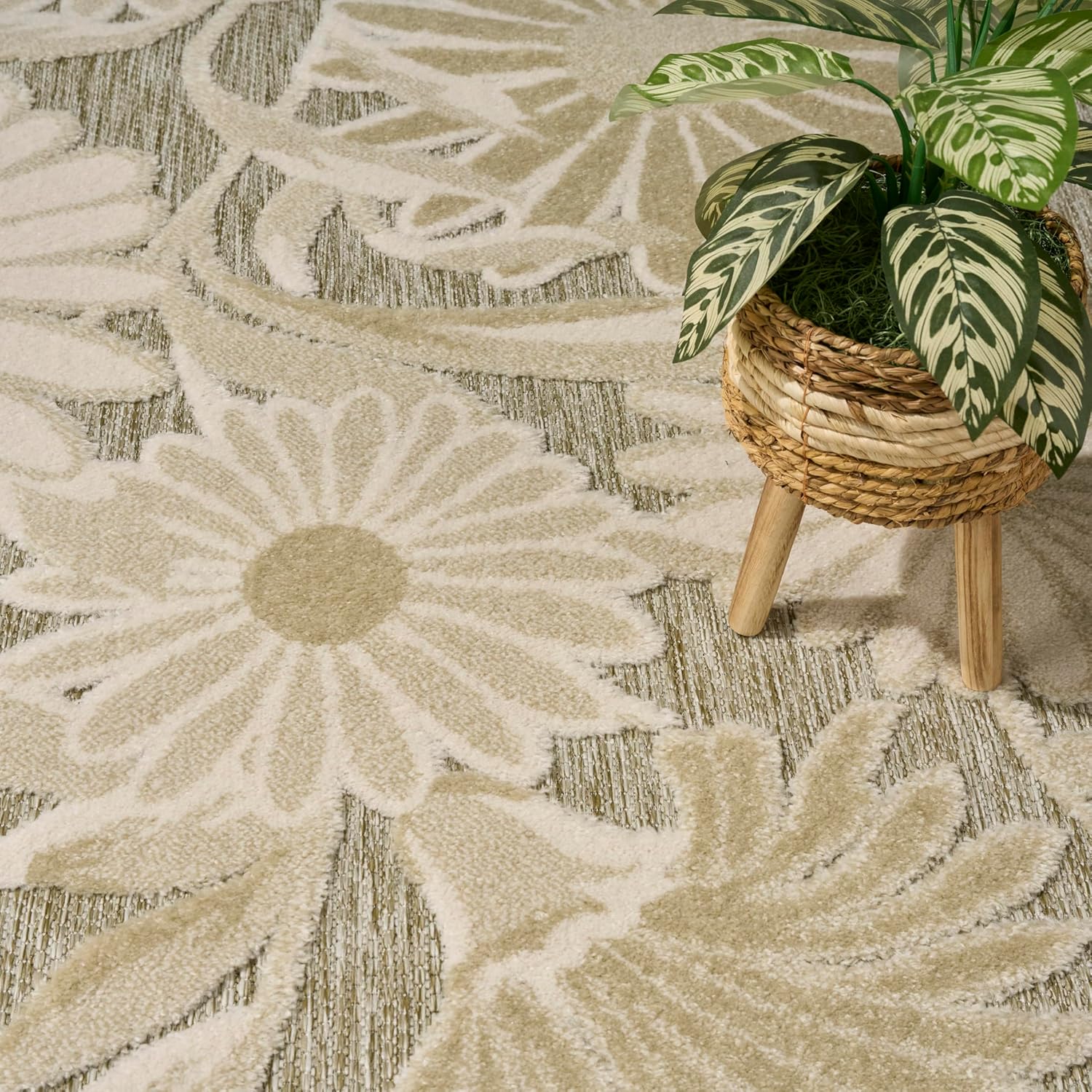 Nourison Aloha Ivory Sage 5'3" x 7'5" Area Rug - Easy Clean, Non Shedding, Bed Room, Living Room, Dining Room, Kitchen (5' x 8')