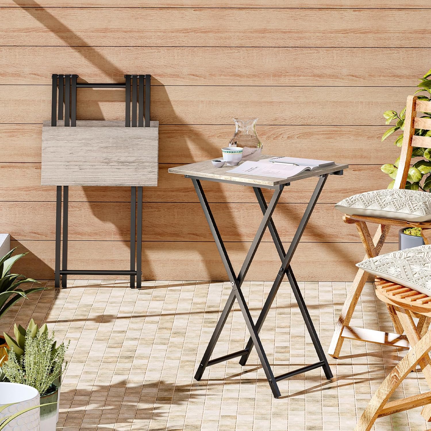 HOOBRO Folding TV Tray Table, Set of 2 Wooden TV Tray, Portable Sofa Side Snack Table, Industrial Desk for Small Spaces, Space-Saving, Easy to Install and Fold, Greige and Black BG27BZP201