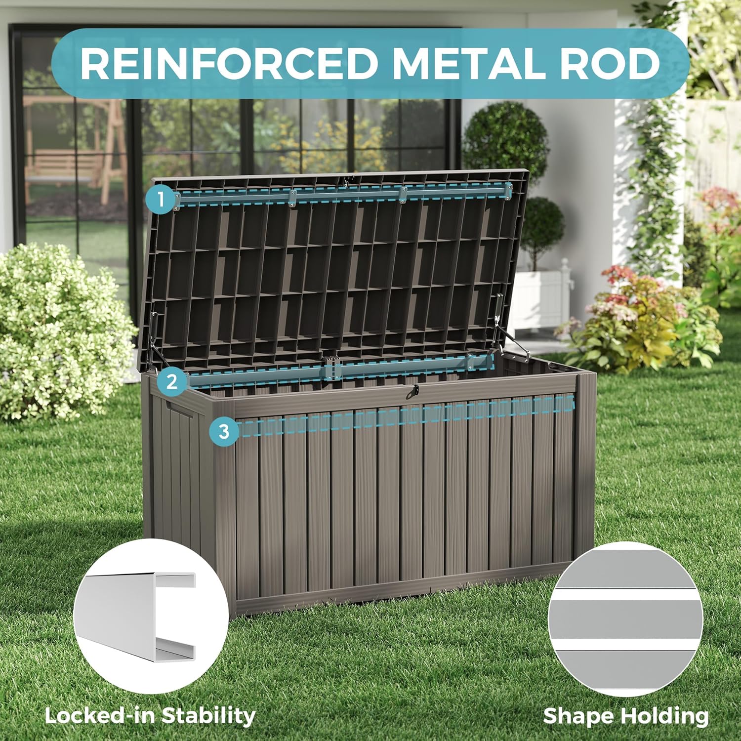 KAMABOKO Outdoor Storage Box, 150 Gallon Large Outdoor Resin Deck Box, Storage Waterproof Boxes Lockable Lid for Garden Tools, Pool Supplies, Patio Furniture and Cushions, Grey