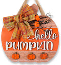 3D Hello Pumpkin Wooden Fall Wreath for Front Door | Fall Autumn Hanging Decor with Bow & Wreath | Farmhouse Harvest Thanksgiving Decor for Porch, Wall | Indoor Outdoor Home (Color-Pumpkin-D)