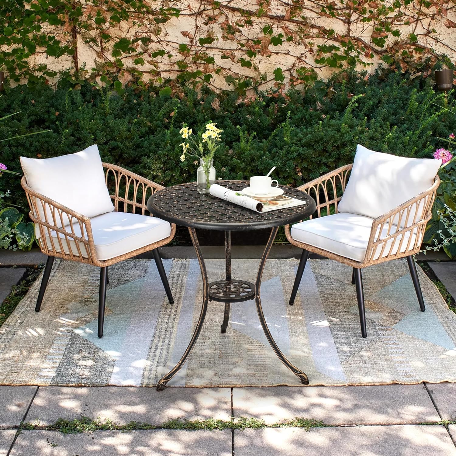 24" Outdoor Round Patio Bistro Table, Cast Aluminum Outdoor Cafe Table with 2 inch Umbrella Hole for Porch,Backyard,Garden, (Classic Square Pattern, Brown)