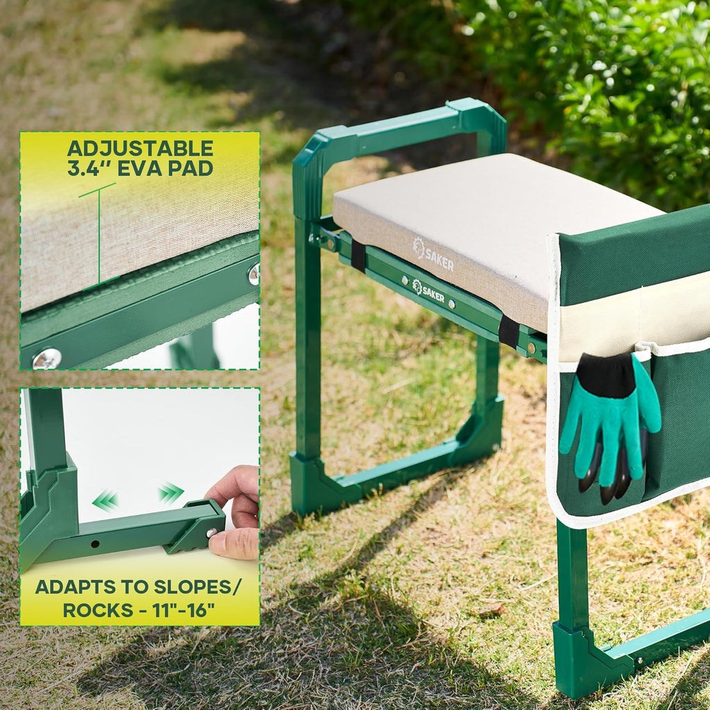 Saker Garden Kneeler and Seat Foldable Gardening Stool with Extendable Legs & Thickened Pad, Tool/Storage Bag, Heavy Duty Support for Elderly, Gardening, Outdoor Use