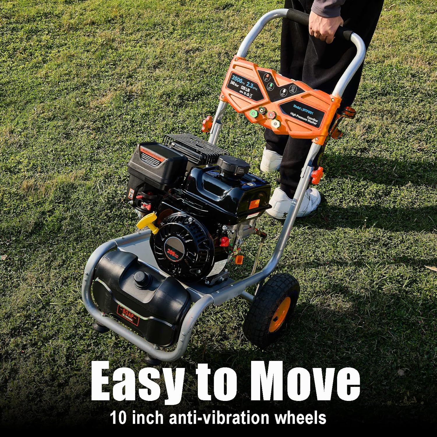 Gas Pressure Washer 3500 PSI, 2.3 GPM Heavy Duty High Power Washer,209CC 7HP Engine with 25Ft Pressure Hose, Axial Aluminum Pump, Soap Tank, Spray Gun and Wand, 4 Quick Connect Nozzle (Orange)