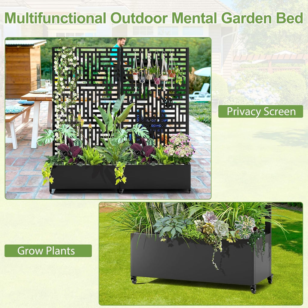 Raised Garden Bed with Trellis and Wheels,73"x35"x16" Metal Raised Garden Bed,Black Modern Metal Planter with Climbing Trellis for Vines & Vegetables