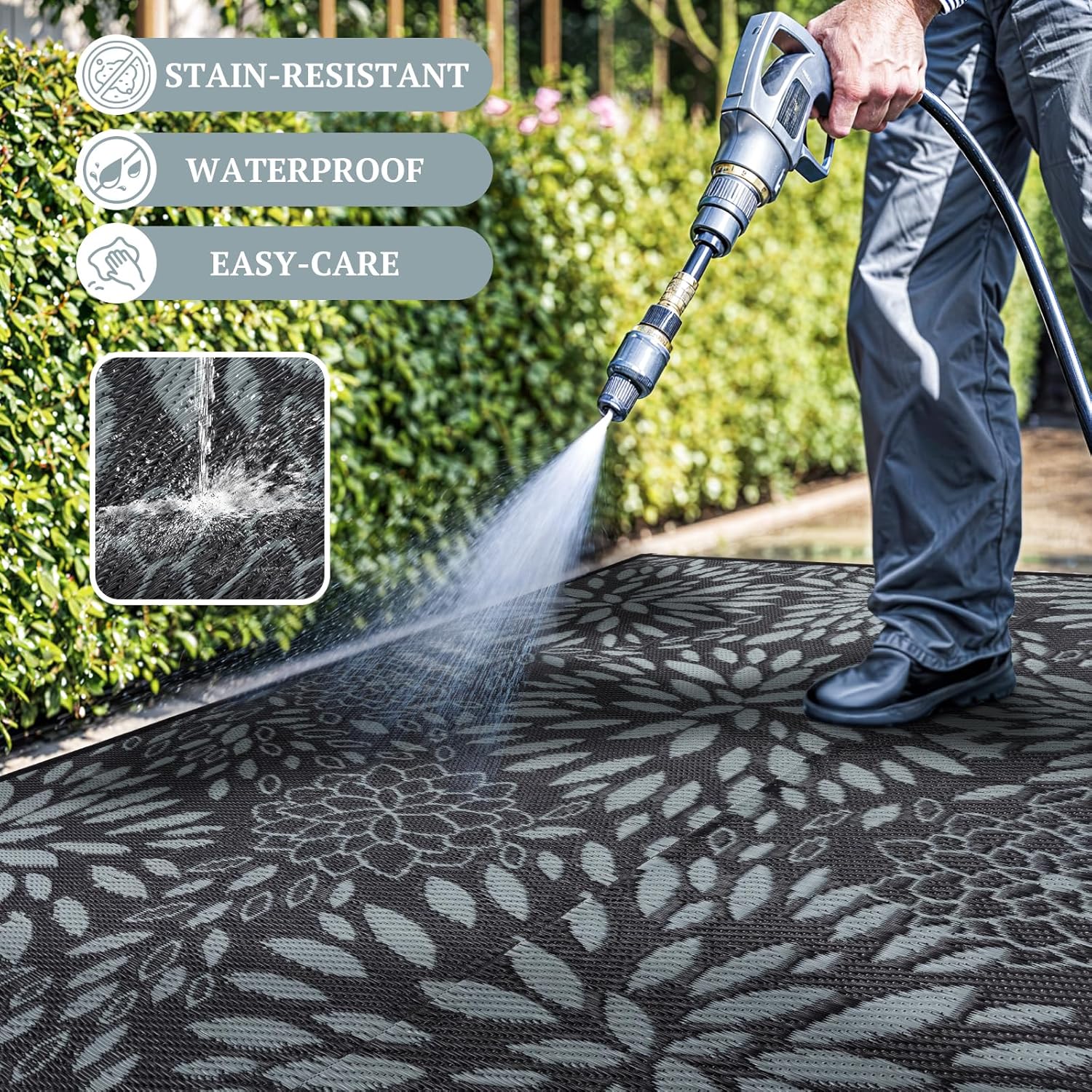 5'x8' Reversible Outdoor Rug - Eco-Friendly Plastic Straw Rug-Heavy-Duty Waterproof Mat, UV & Fade Resistant for Patio, Camping, RV, Deck, Balcony(5x8,Black&Floral)
