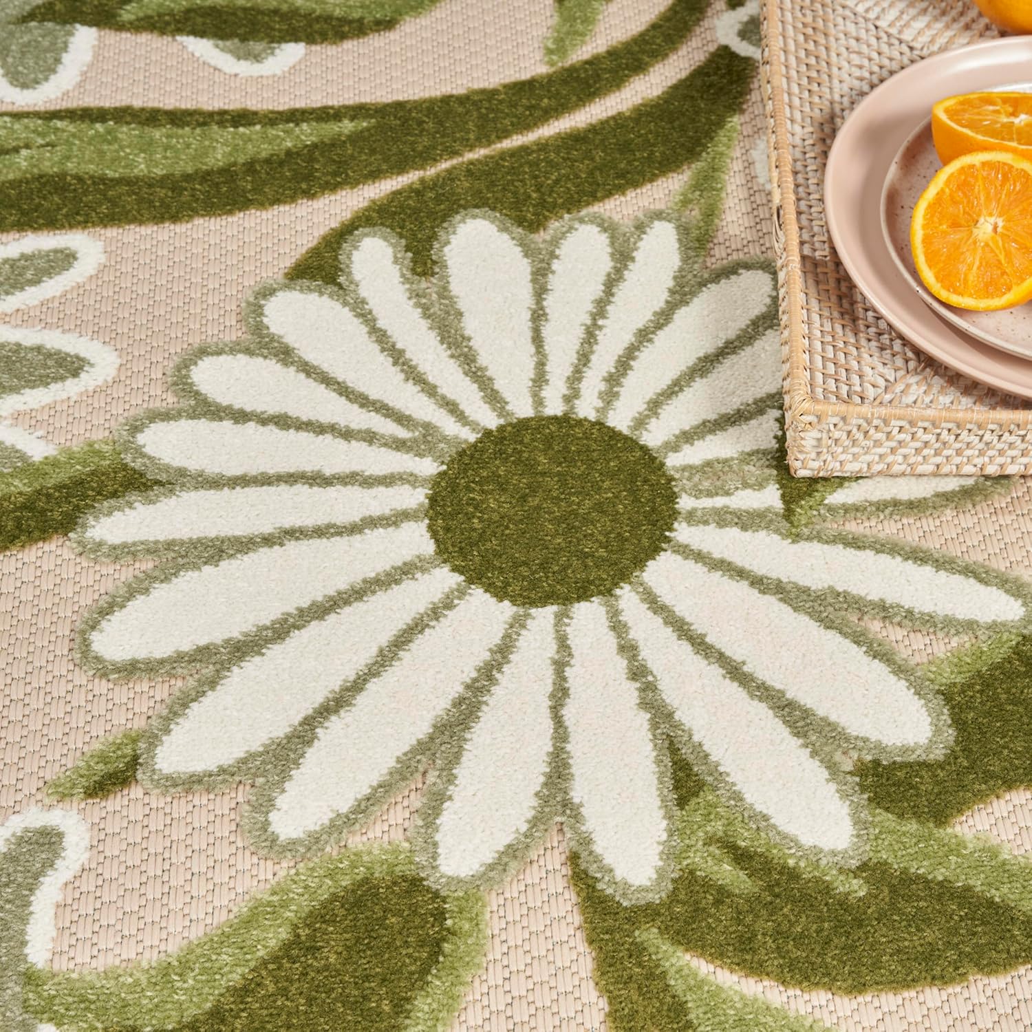 Nourison Home Aloha Indoor/Outdoor Ivory Green 5'3" x Round Area Rug, Easy-Cleaning, Non Shedding, Bed Room, Living Room, Dining Room, Backyard, Patio, Deck (5 Round)