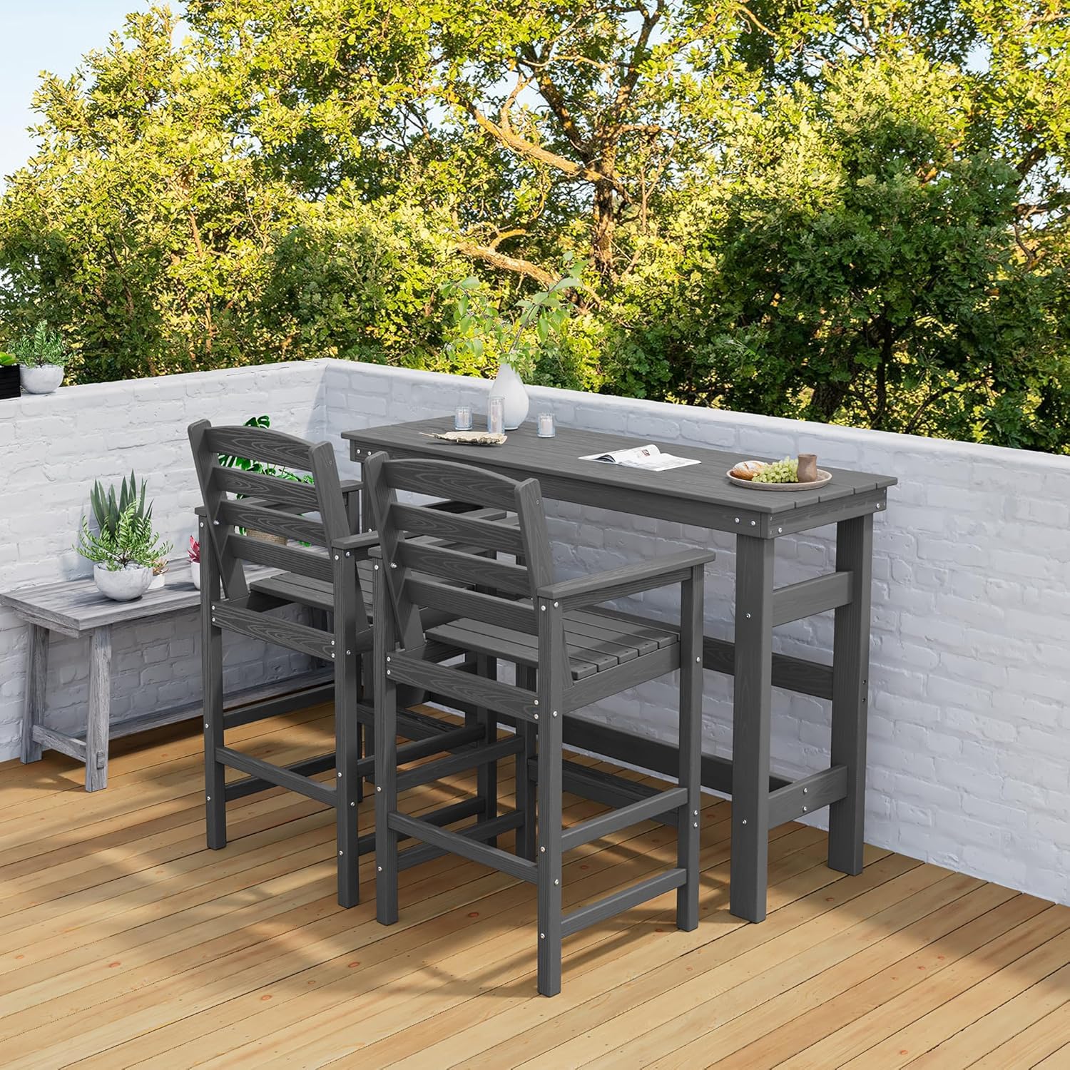 SERWALL Outdoor Bar Table and Chairs Set, Adirondack Bar Chairs Set of 2 and Bar Height Table, All Weather HDPE Outdoor Patio Bar Set, Outdoor Furniture for Outside, Poolside, Backyard, Garden, Grey