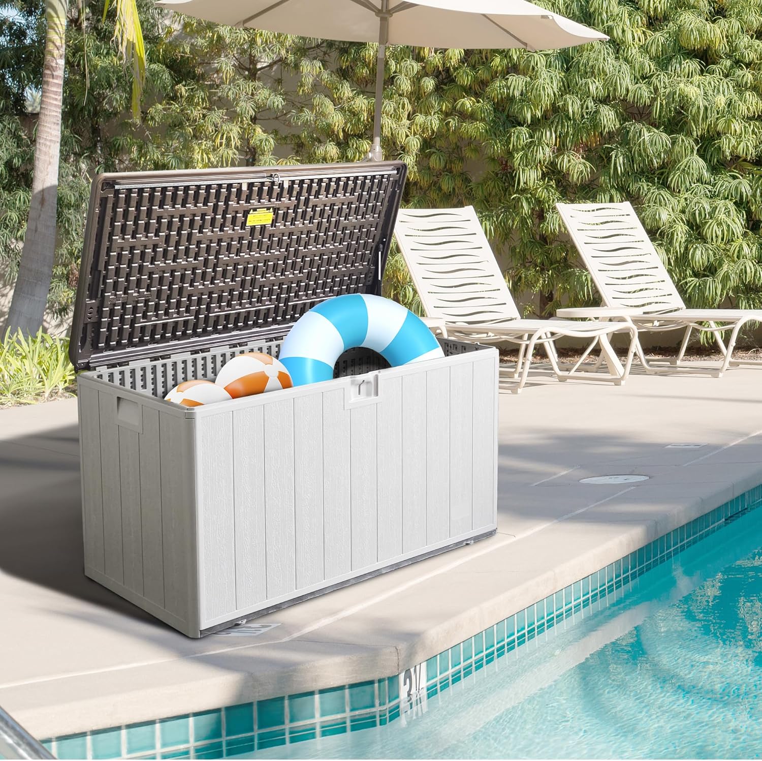 Premium Pro Edition 110 Gallon Lockable Resin Deck Box, Waterproof & UV-Resistant Outdoor Storage Box for Outdoor Cushion Storage, Garden Tools & Pool Accessories Storage, White