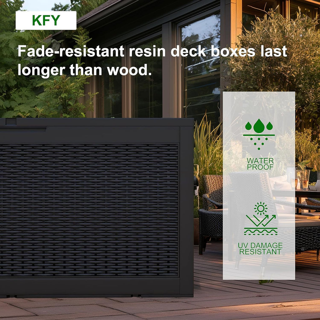 DRATO 260 Gallon Deck Box, Outdoor Large Waterproof Resin Storage Box with Lockable Lid for Patio Cushions, Gardening Tools, Sports Equipment, Black