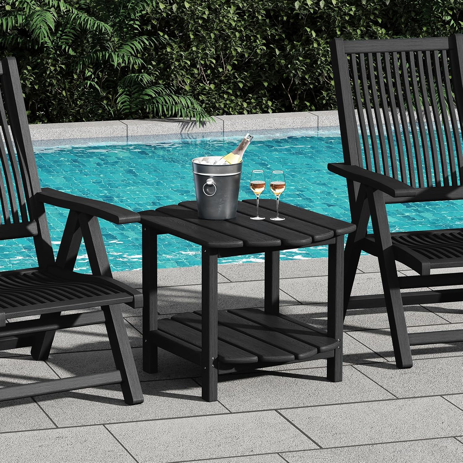 Small Outdoor Side Tables Modern 2-Tier Adirondack Table Rustic End Table HDPE Storage Shelf Industrial Corner Rectangle Coffee Table for Patio Garden Balcony Backyard Pool Farmhouse Home Black