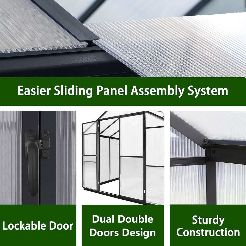 8x16 FT Polycarbonate Aluminum Greenhouse Kit, Outdoor Walk-in Green House with Adjustable Roof Vents and Lockable Door, Backyard Garden in Winter, Gray