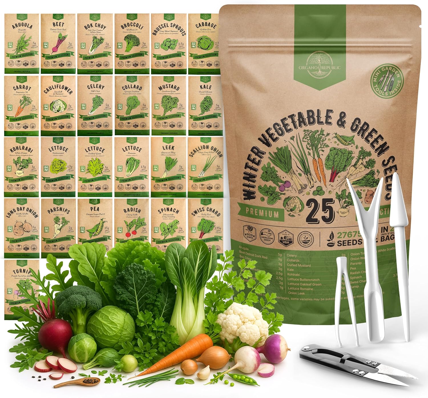 Organo Republic 25 Winter Vegetable & Green Seeds Variety Pack for Outdoors & Indoor Home Gardening 27670+ Non-GMO Heirloom Seeds: Broccoli Beet Carrot Collard Lettuce Radish Spinach Pea Kohlrabi