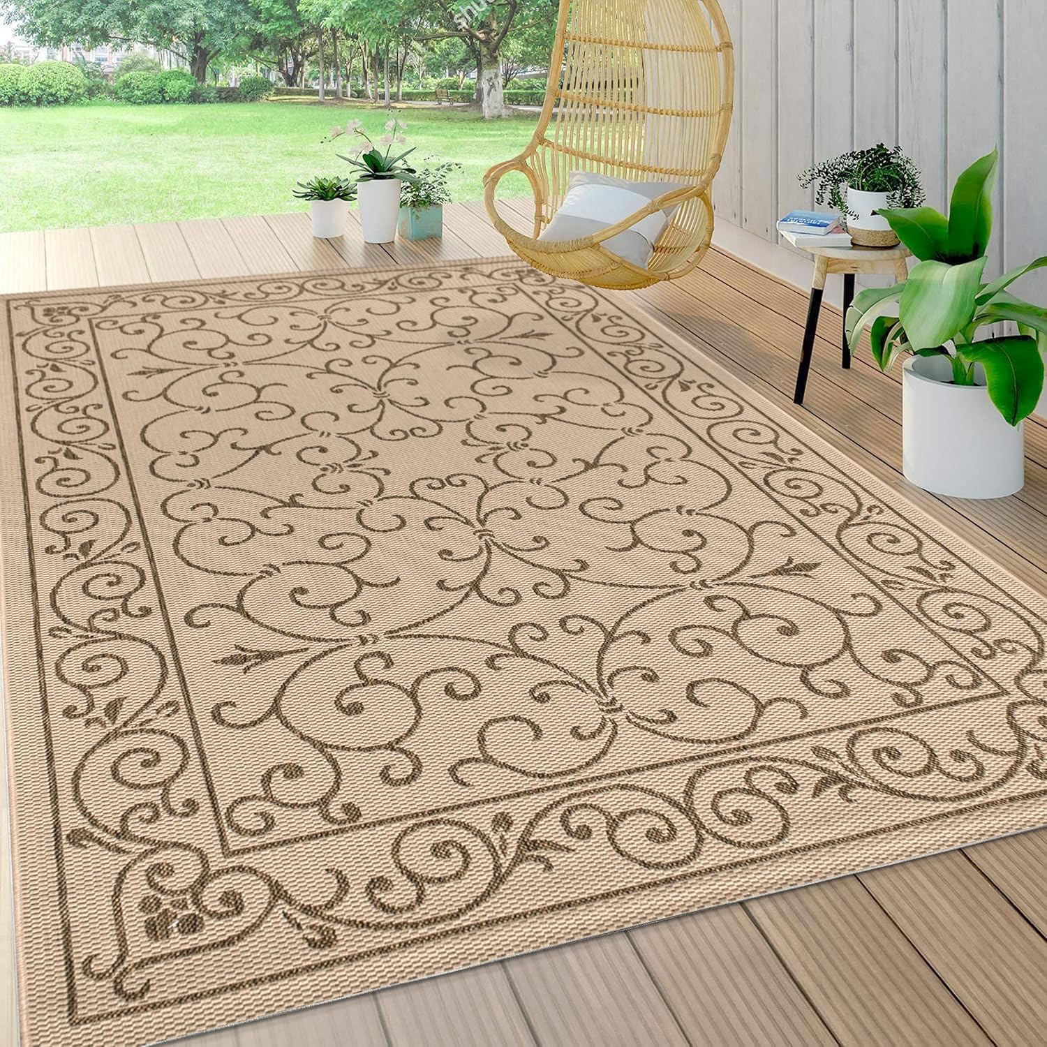 JONATHAN Y SMB106A-5 Charleston Vintage Filigree Textured Weave Indoor/Outdoor Beige/Brown 5 ft. x 8 ft. Area Rug, Classic,Easy Cleaning,HighTraffic,LivingRoom,Backyard, Non Shedding