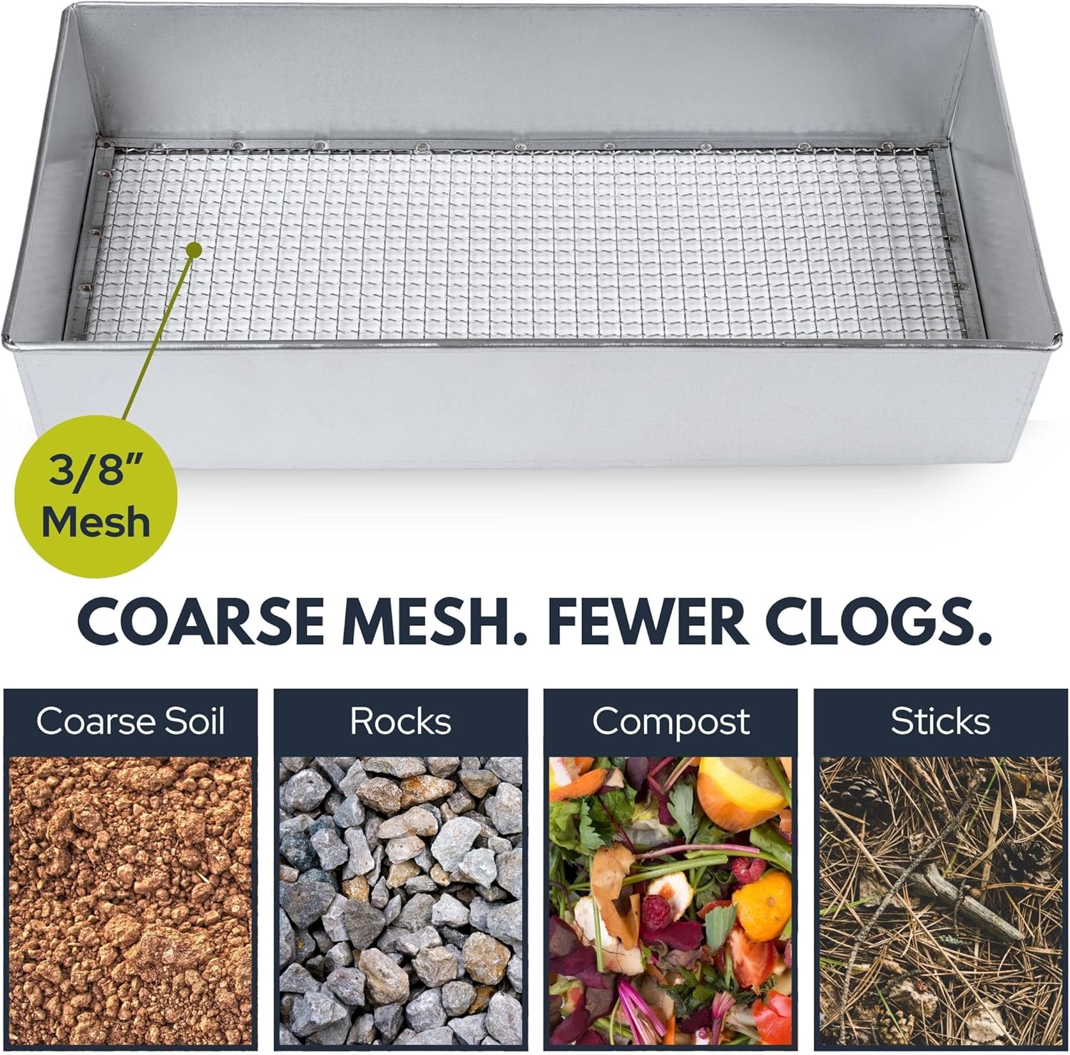 Soil Sifter, Wide Size (17.5 x 11.5 inches) with 3/8-inch Mesh, Garden Sieve for Dirt, Sand, Rocks, and Compost