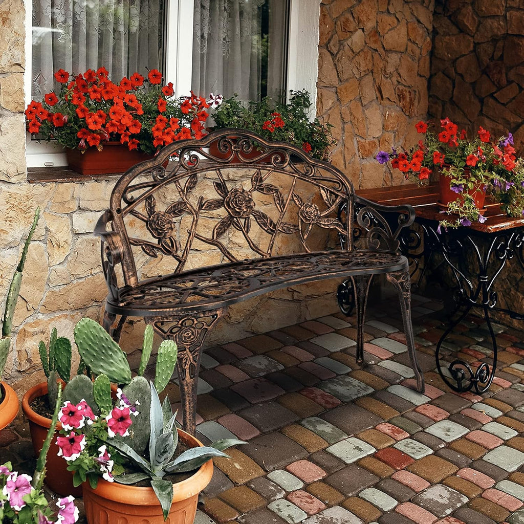 VINGLI 38.5" Patio Park Garden Outdoor Metal Rose Bench,Cast Iron Cast Aluminium Frame Antique Finish Chair,Accented Lawn Front Porch Path Yard Decor Deck Furniture for 2 Person Seat（Bronze