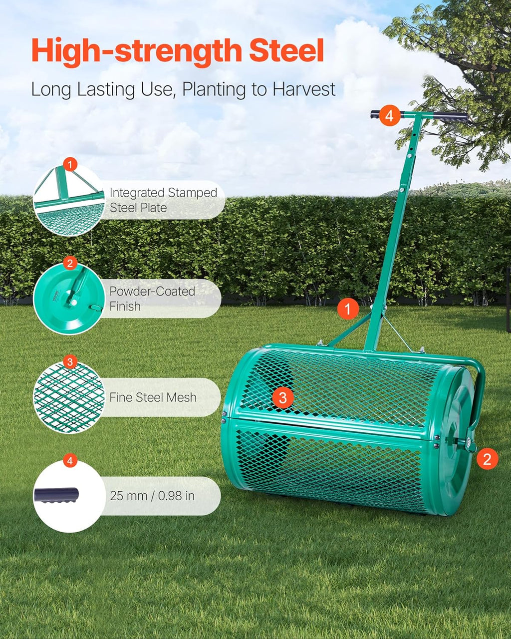 VEVOR Compost Spreader, 24 in Wide Peat Moss Spreader with Push/Tow Handle, 4 Heights Adjustable, Powder-Coated Steel Garden Peat Moss Roller, Heavy Duty Grass Seed Spreaders for Planting Seeding