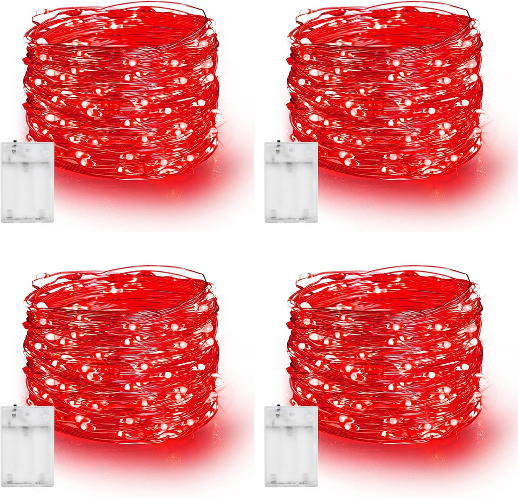 Dazzle Bright Fairy Lights Battery Operated, 4 Pack Total 80FT 240LED Silver Wire Waterproof Battery Operated String Lights, Christmas Decorations for Indoor Outdoor Bedroom Yard Decor, Red