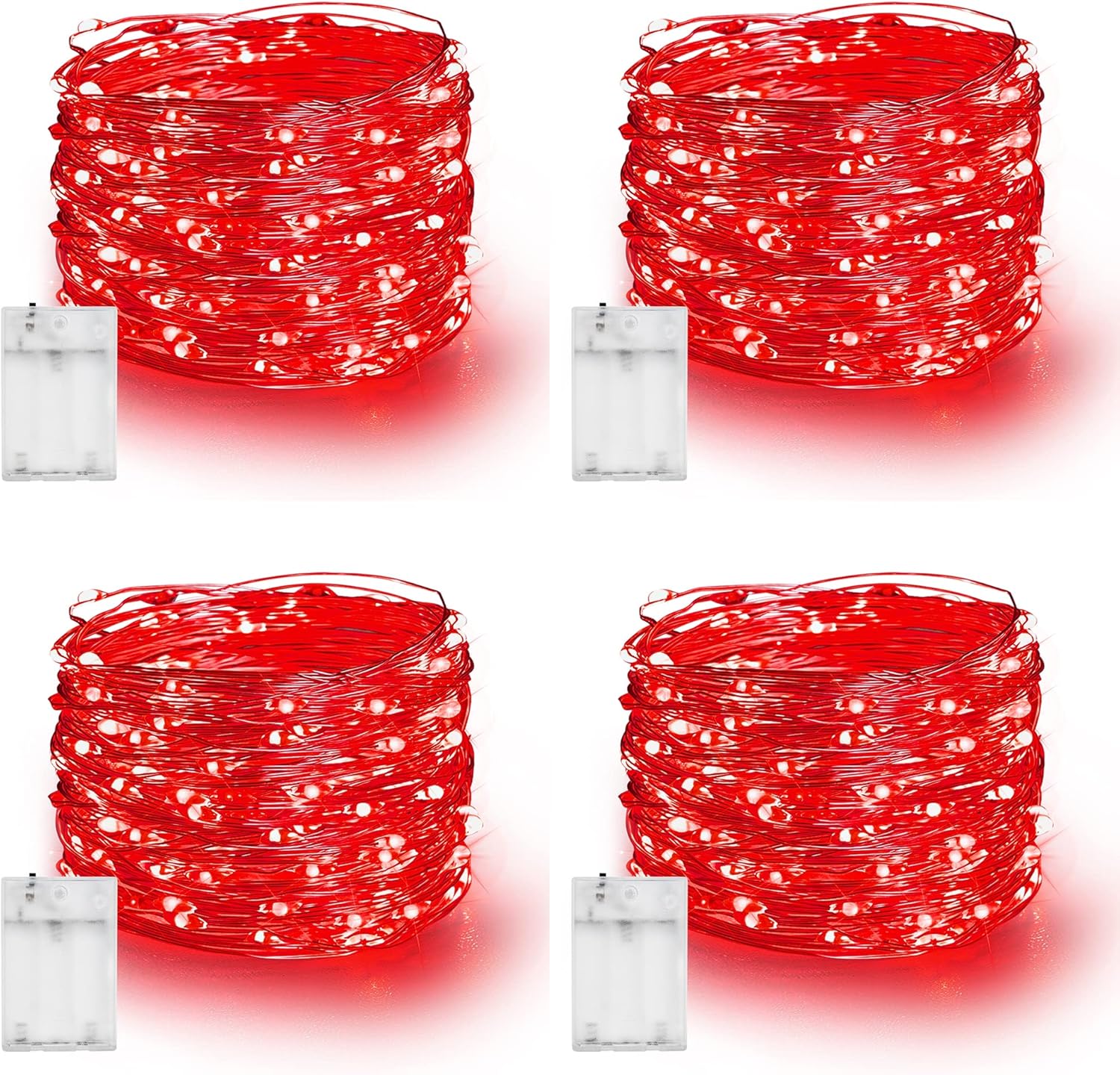 Dazzle Bright Fairy Lights Battery Operated, 4 Pack Total 80FT 240LED Silver Wire Waterproof Battery Operated String Lights, Christmas Decorations for Indoor Outdoor Bedroom Yard Decor, Red