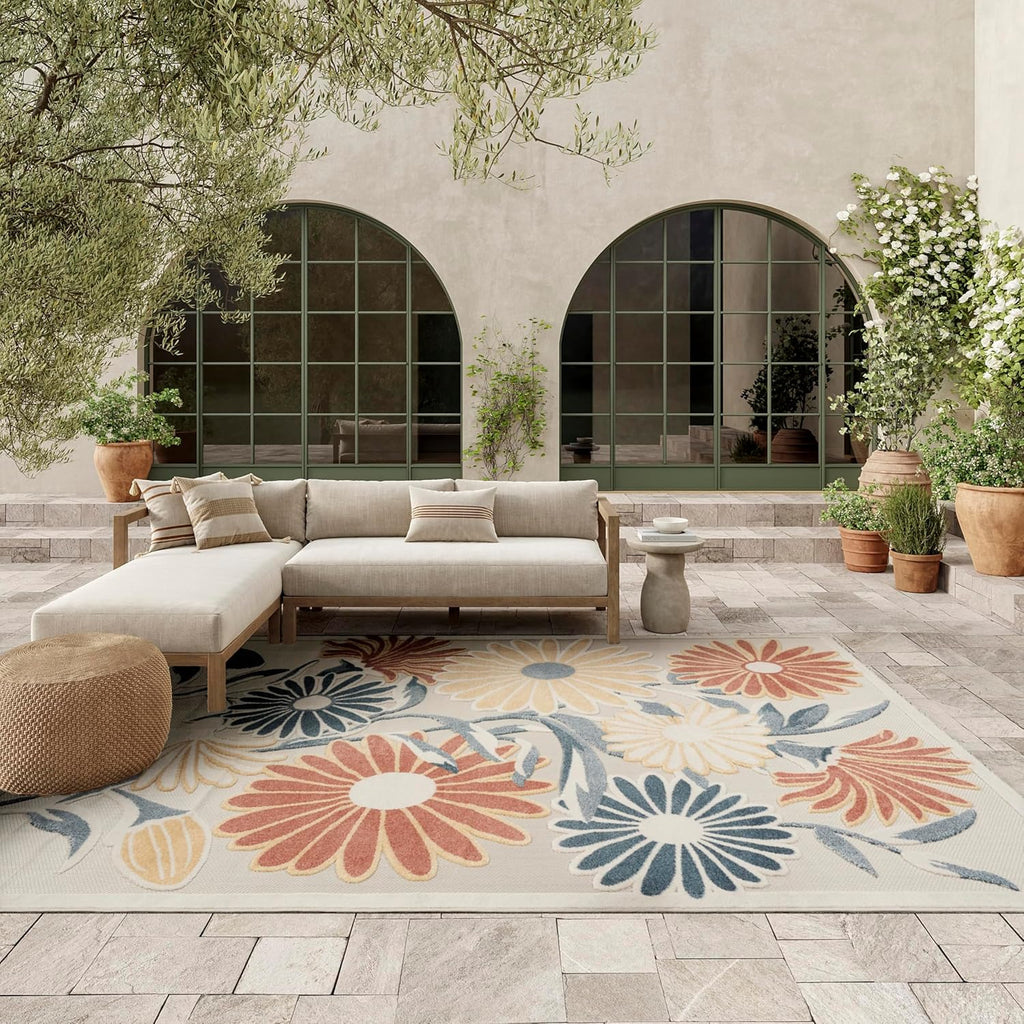 Nourison Aloha Ivory Rose 9' x 12' Area Rug - Easy Clean, Non Shedding, Bed Room, Living Room, Dining Room, Kitchen (9' x 12')