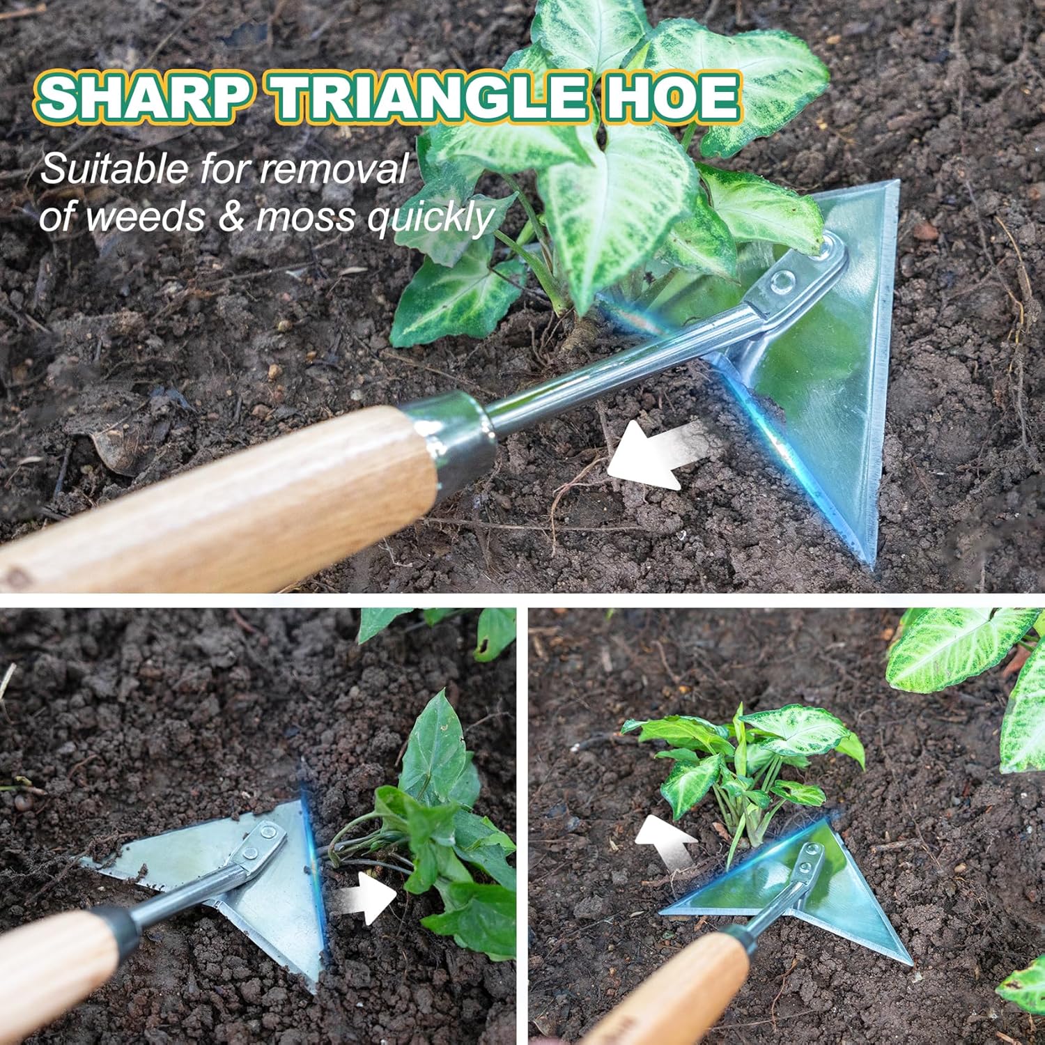 Berry&Bird Triangle Hoe, 60'' Winged Weeder Garden Hoes with Long Wood Handle, Gardener Stainless Steel Warren Hoe, Garden Weeder Hoe Tool for Quickly Weeding, Edging and Gardening Tools