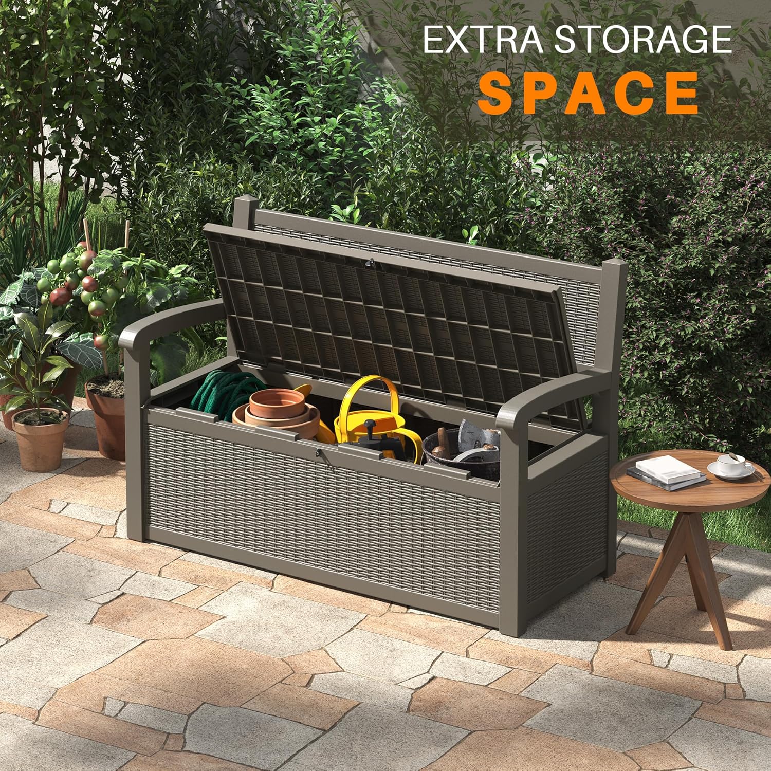 80 Gallon Outdoor Storage Box, Resin Patio Furniture with Armrest, Lockable Deck Box with Waterproof and UV Resistant for Patio Cushions, Garden Tools and Pool Supplies, Grey