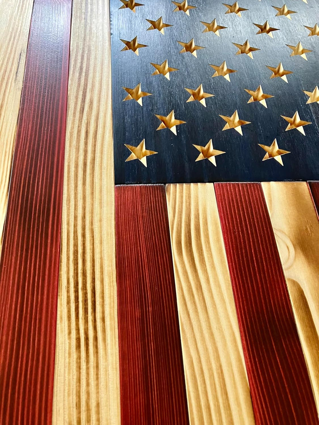 Rustic Wooden American Flag, Patriotic Wall Art (Natural Finish, 34x65)