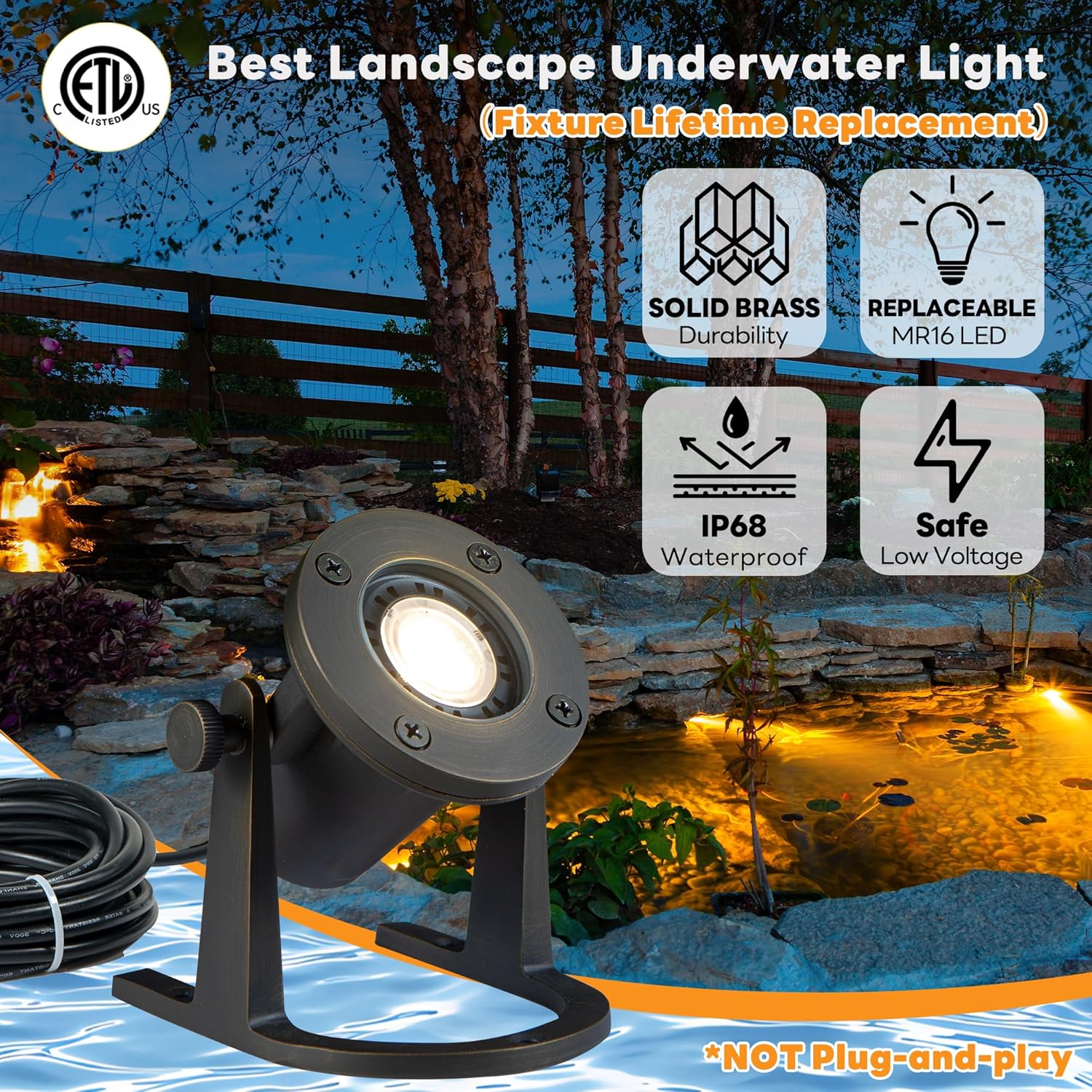 Low Voltage Brass Pond Lights Submersible - 12V IP68 Waterproof Bronze Pondlight, Solid Brass Fixture with Warm White MR16 Bulb for Outdoor Fountains, Waterfall, and Garden Accents(12 Pack)