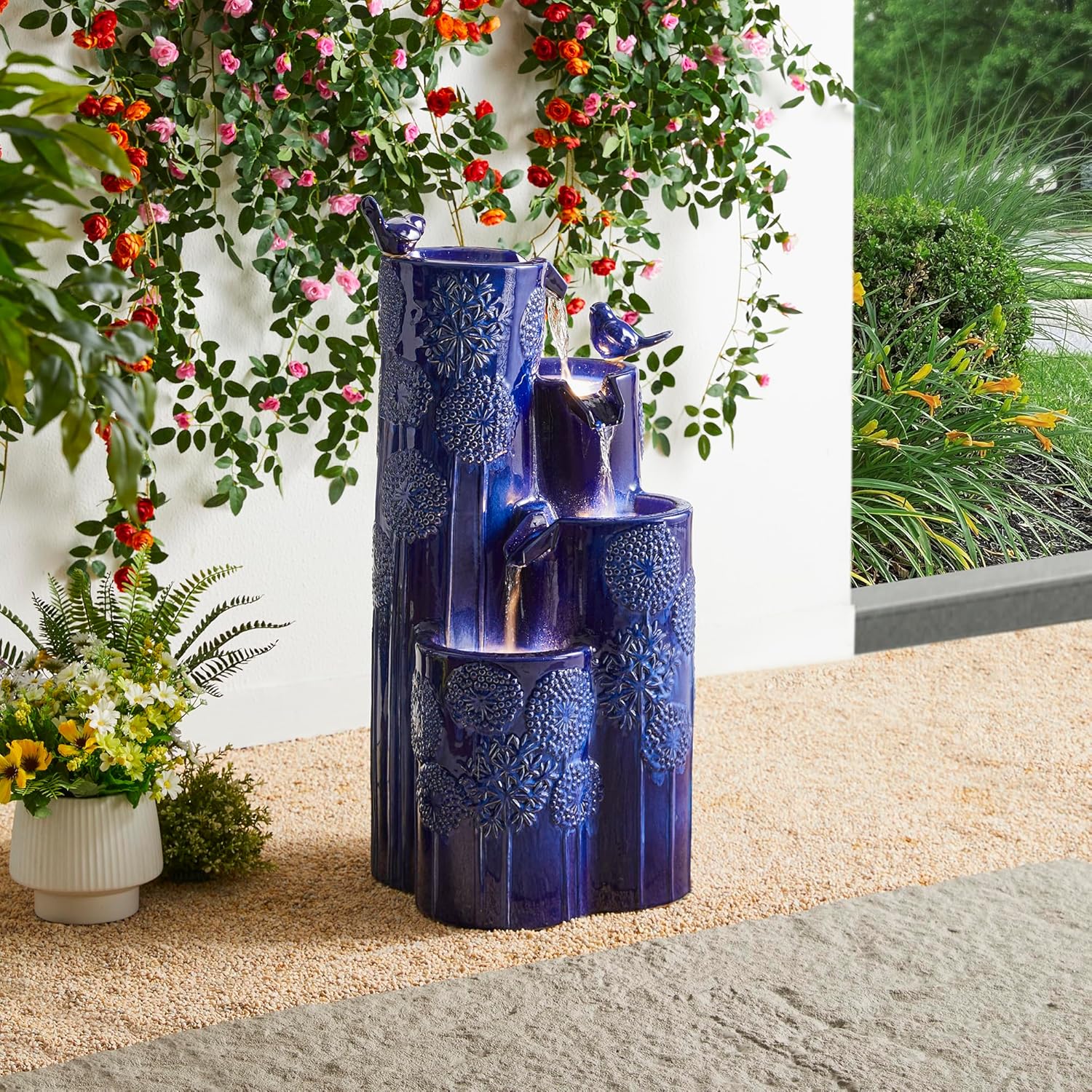 Glitzhome 32" H Outdoor Water Fountain with LED Lights and Pump, 4 Tier Ceramic Cobalt Blue Dandelion Texture Outdoor Fountains and Waterfalls with Cute Birds, for Porch Deck Garden Patio Backyard