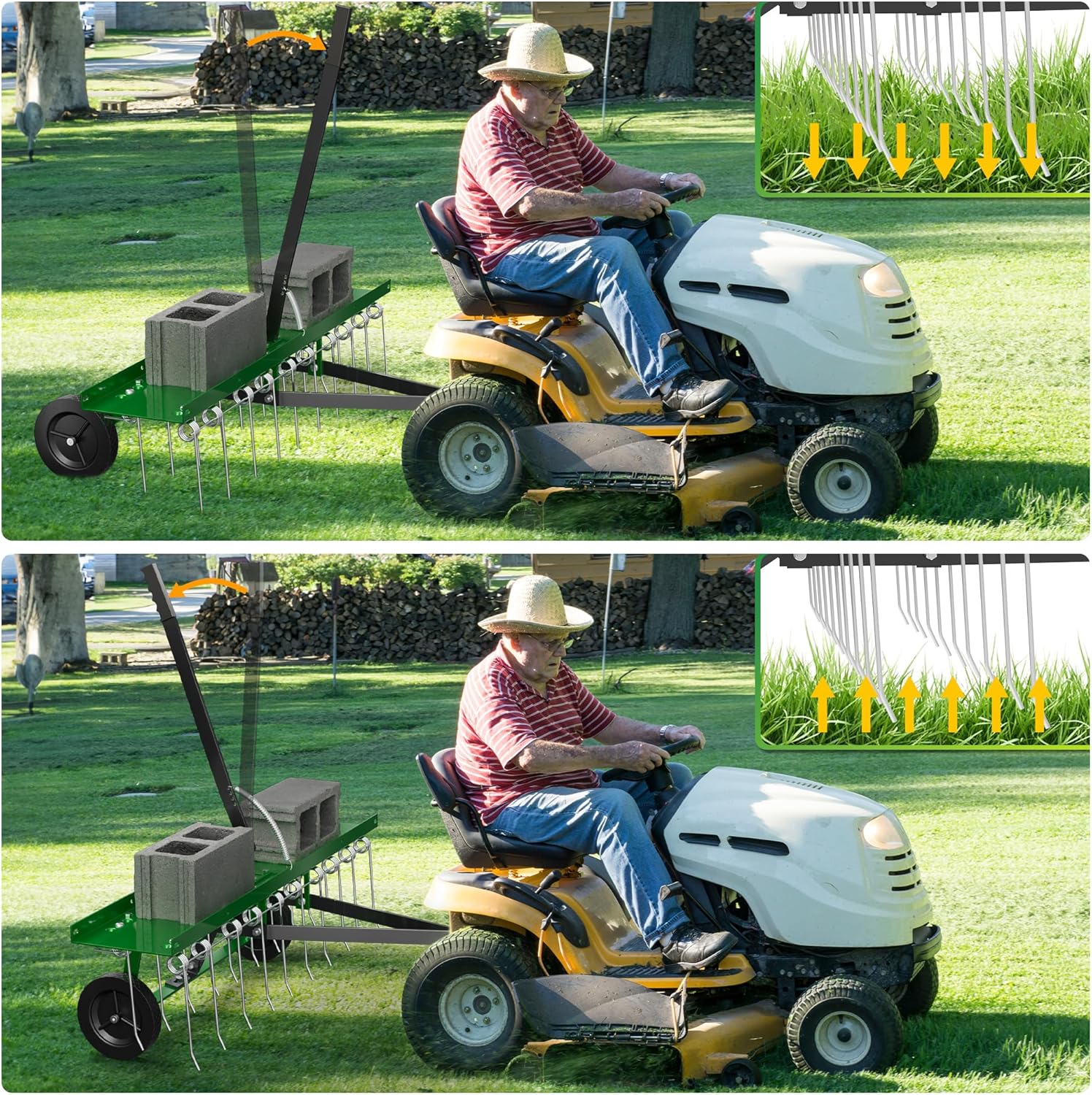 48 Inch Green Tow Dethatcher with 24 Spring Steel Tines, Pull Behind Dethatcher for Outdoor Yard Care, Garden Farm Grass Tractor Rake to Remove Thatch, Leaves and Needles from Large Lawn Areas