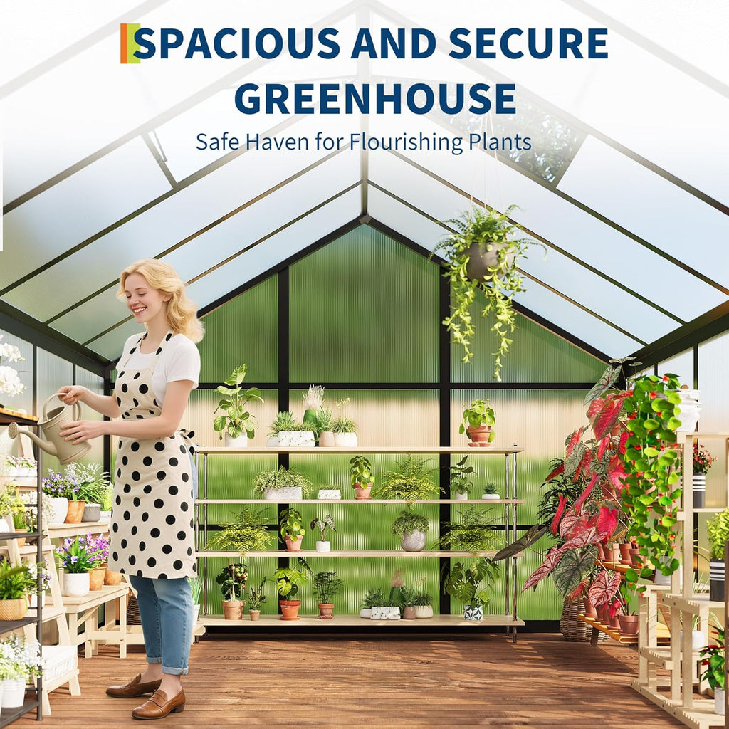 6x10 FT Greenhouse, Easy Assembly Aluminum Polycarbonate Greenhouses for Outdoors with Roof Vent and Ground Nails, Heavy Duty Aluminum Walk-in Greenhouse for Backyard, Sliding Lockable Door, Black