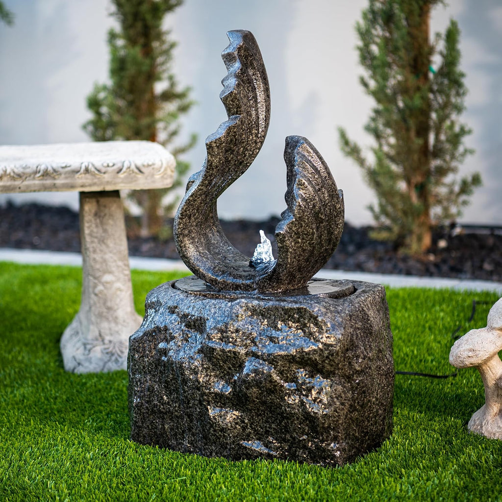 XBrand 25 in H Stone-Look Sculptural Modern Freestanding Fiber Resin Outdoor Garden Fountain w/LED Light, Black