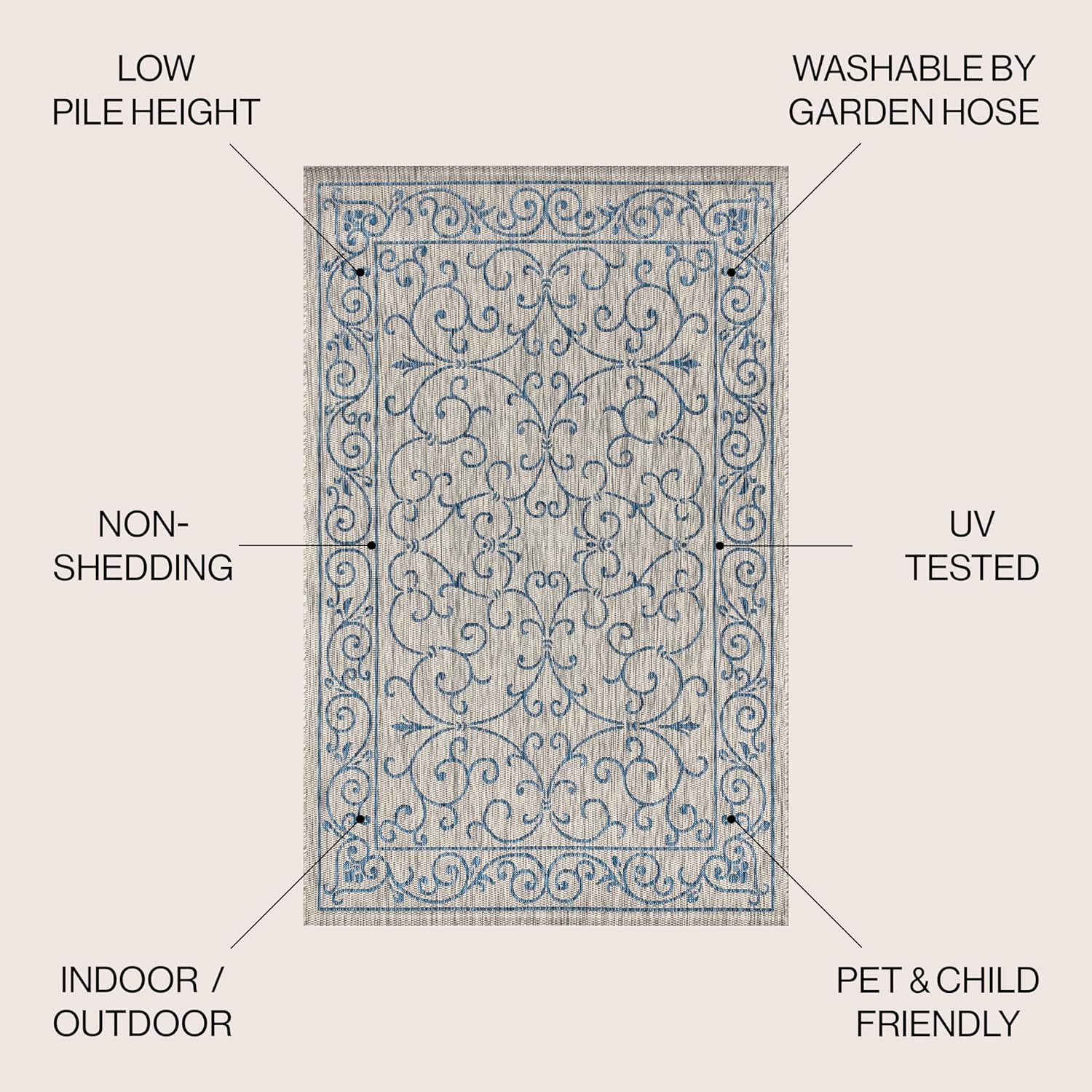 JONATHAN Y SMB106C-4R Charleston Vintage Filigree Textured Weave Gray/Navy 4' Round Indoor/Outdoor Area Rug, Pet Friendly, Non-Shedding, Stain Resistant, Easy-Cleaning for Backyard, Patio, Porch