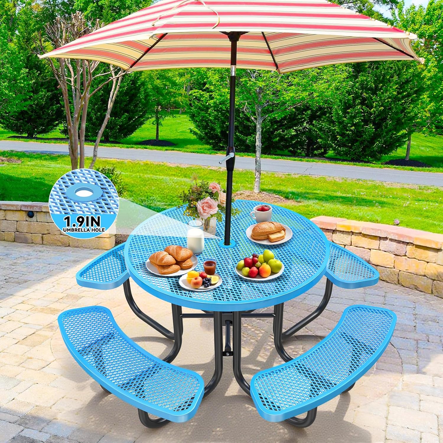 Heavy-Duty Park Bench or Table for Outside - Black Coated Outdoor Furniture Steel Bench, Commercial-Grade Outdoor Benches Weatherproof for Park, Patio, Porch (Blue, 46” (Rd. Table))