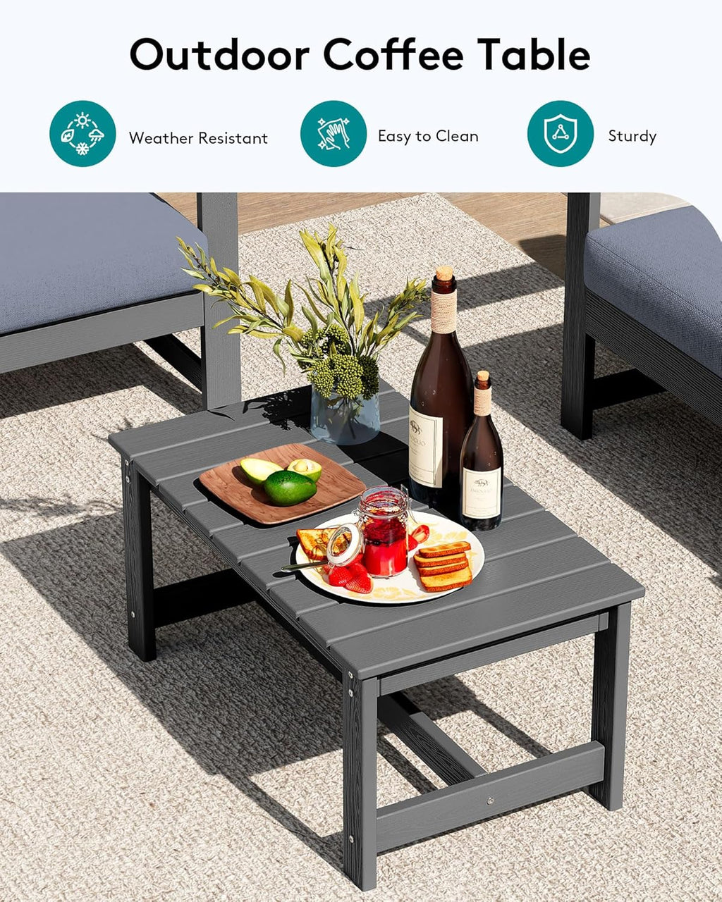 SERWALL 5 Pieces HDPE Outdoor Sofa Set with Cushions, All Weather Loveseat Social Furniture Set, Couch Conversation Chairs with Coffee Table, Grey Frame with Grey Cushions