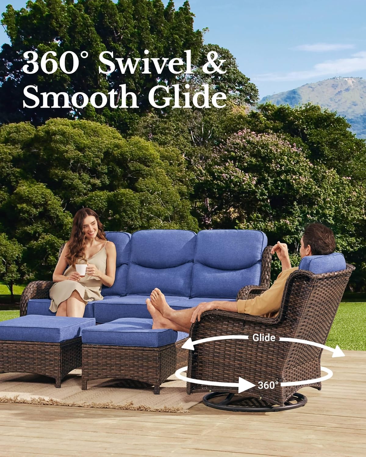 HILLGA Luxury Patio Furniture Set with 6-inch Thick Cushion, Outdoor Sectional Sofa and High Back Swivel Rocker Patio Chairs, 10PCS Wicker Conversation Set for Deck Yard and Poolside, Blue (V2)