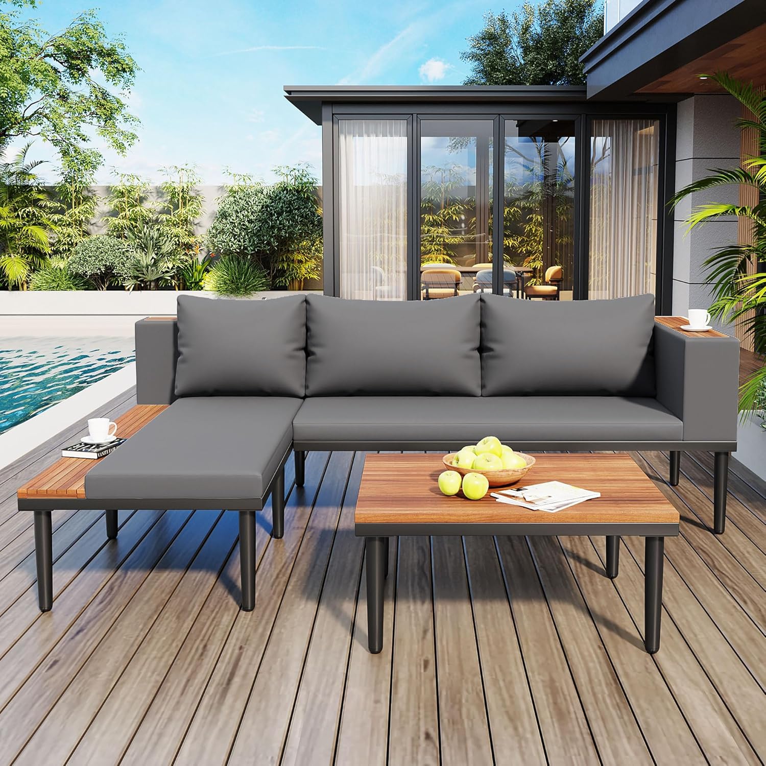 Acacia Wood Patio Furniture Set, Luxury Outdoor Conversation Sectional Sofa with Removable Cushions and Coffee Table, Side Table, L-Shaped Sofa Set for Backyard, Porch (Gray/17)